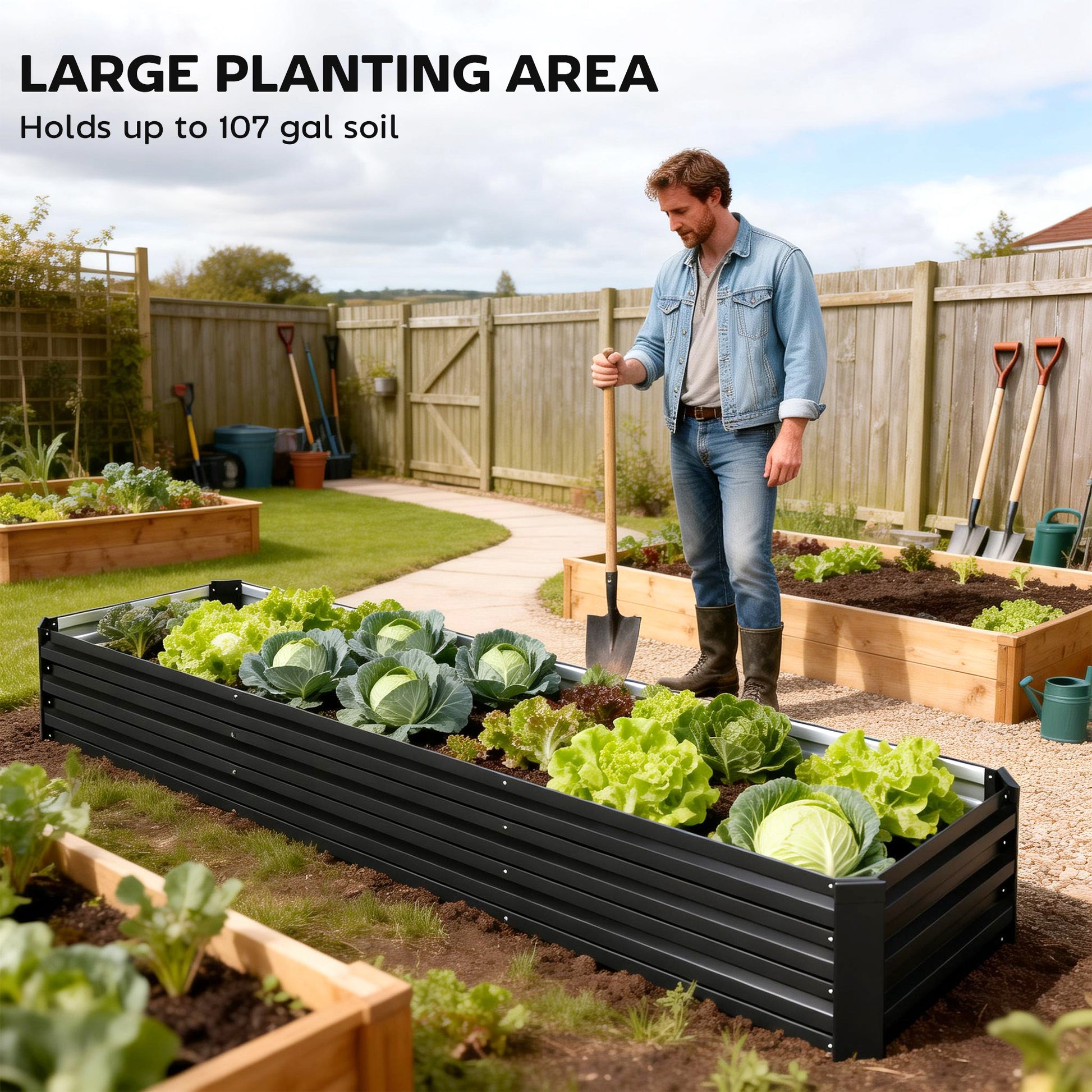 8'x2'x1' Galvanized Raised Bed, Large Elevated Planter Box for Growing Flowers, Herbs and Vegetables, Black