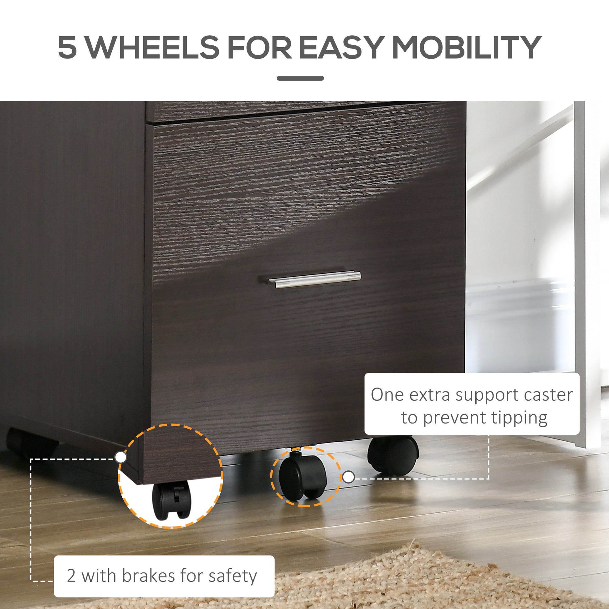 Mobile Filing Cabinet, Vertical File Cabinet with 2 Drawers, Wheels, for Letter or A4 File, Brown