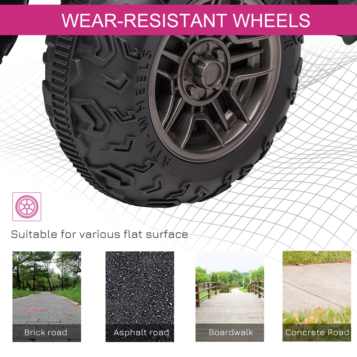 Aosom 12V Kids ATV Quad, 4 Wheeler Battery Powered Electric Vehicle with Music MP3, Headlights, High Low Speed, Treaded Tires, for Boys and Girls Ages 37-60 Months, Pink