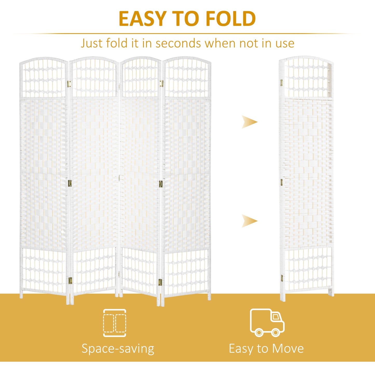 4 Panel Folding Room Divider, Portable Privacy Screen, Wave Fiber Room Partition for Home Office, White