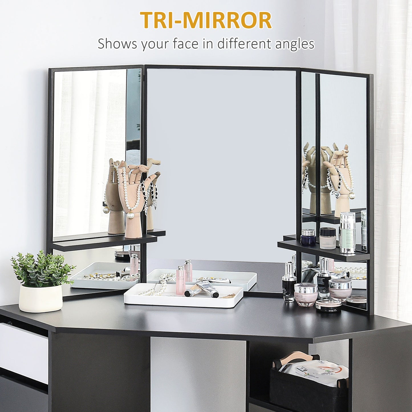 Corner Vanity Desk with Mirror, Makeup Vanity Table with 5 Drawers and Open Shelves, Dressing Table with 3-piece Mirror for Bedroom, Black
