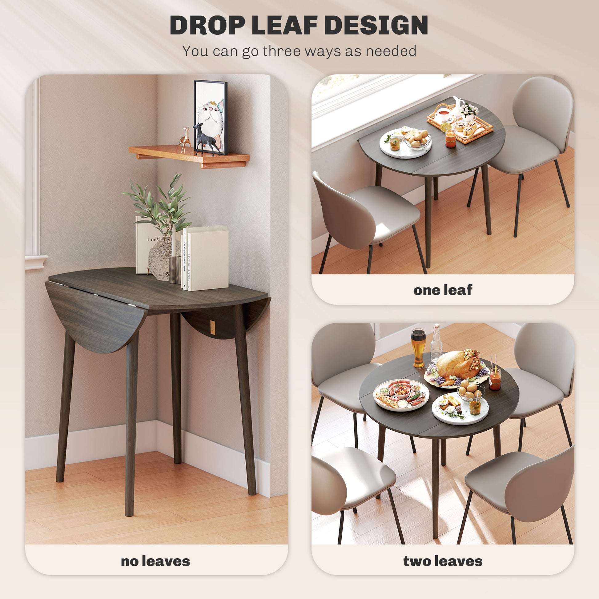 Folding Dining Table, Round Drop Leaf Kitchen Table for Small Spaces with Wood Legs, Distressed Grey
