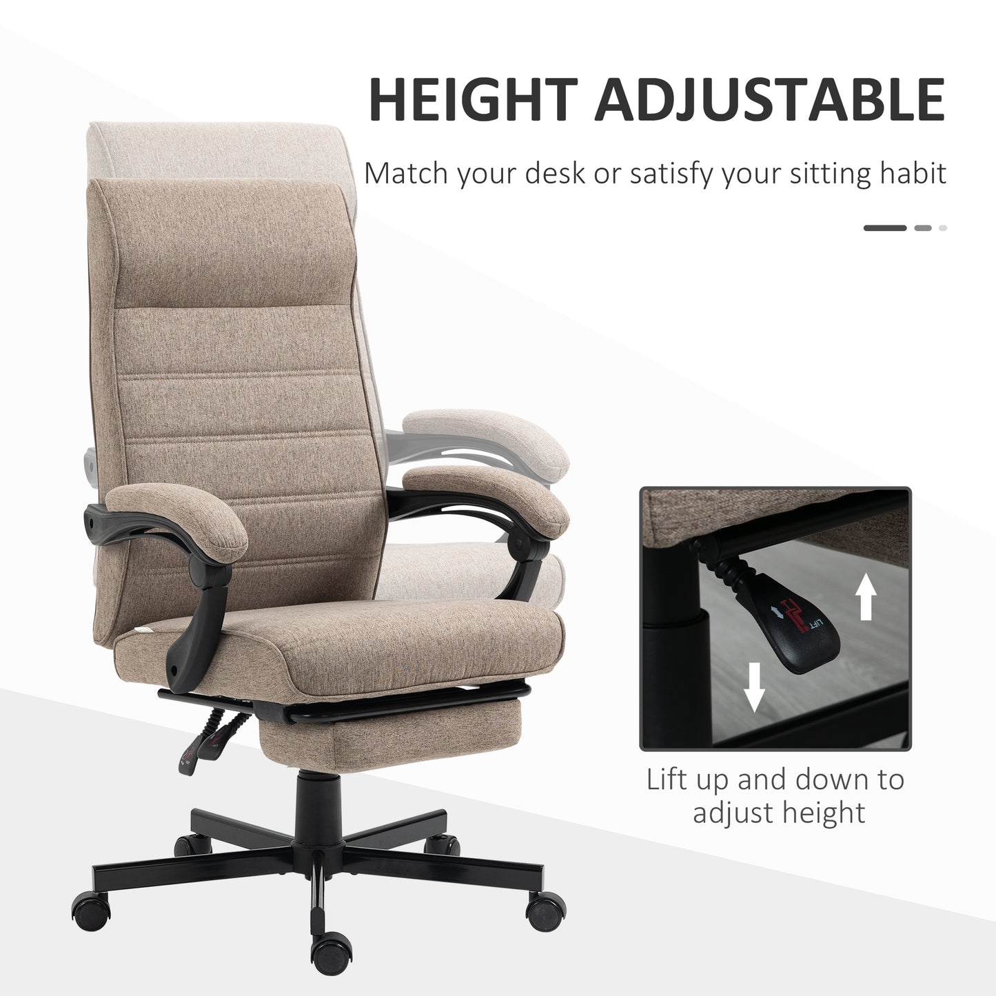 Office Chair, Linen High Back Computer Desk Chair, Swivel Recliner with Adjustable Height, Footrest and Padded Armrest, Brown