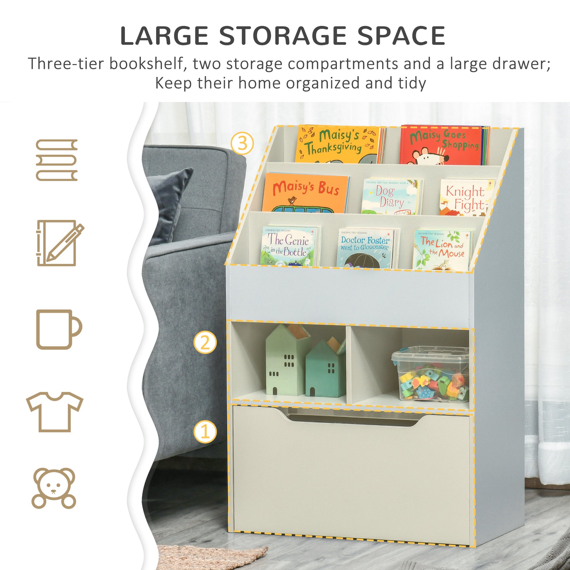 Kids Bookcase Multi-Shelf Rack Organizer with Storage Drawer for Books for Reading Nook, Classroom, Bedroom, Playroom, Grey