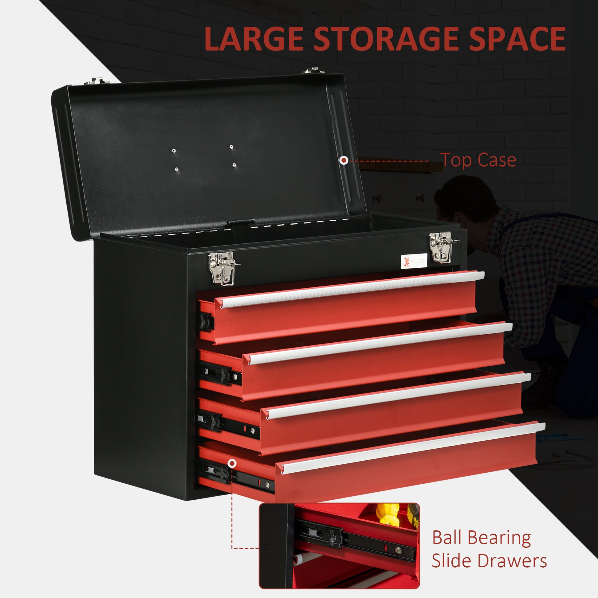 Lockable Tool Chest and Tool Box Set of 2, 7 Drawer Tool Cabinet with Wheels, 4 Drawer Portable Tool Chest with Handle for Garage, Factory, Workshop, Red