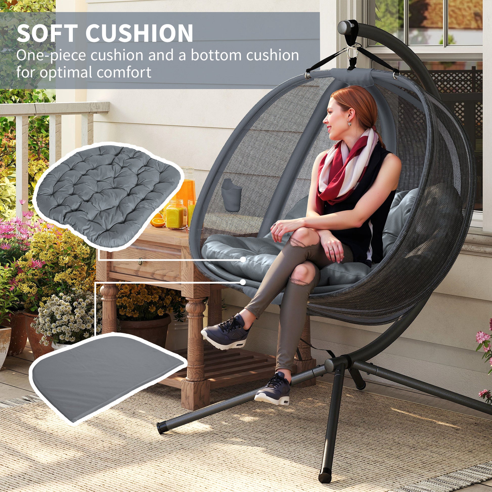Double Egg Chair with Stand, 2 Person Hanging Swing Egg Chair with Cushion, Pockets, Grey