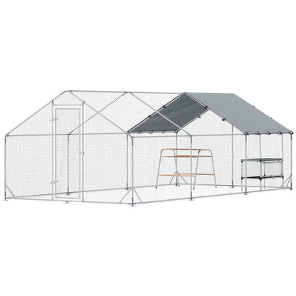 Metal Chicken Coop Run w/ Waterproof Cover, Nesting Box, Roosting Bars, for Outdoor Backyard, 9.8 x 19.7 x 6.4 ft