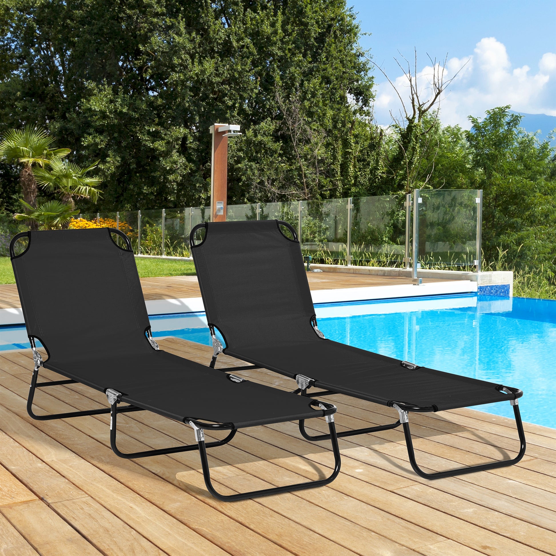 Set of 2 Folding Outdoor Lounge Chair, Sun Tanning Chairs with Reclining Back, Breathable Mesh for Beach Patio, Black