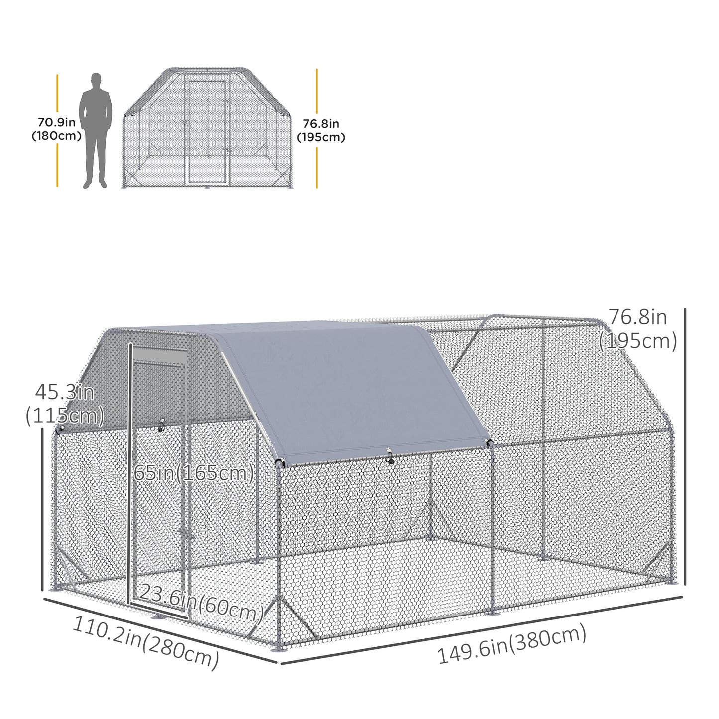 Chicken Run, Galvanized Large Metal Chicken Coop Cage, Walk-in Enclosure Poultry Hen Run House Playpen Rabbit Hutch with Flat Roof, Cover, 9.2' x 12.5' x 6.5', Silver