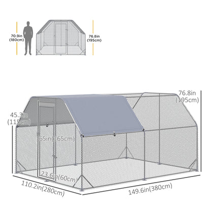 Chicken Run, Galvanized Large Metal Chicken Coop Cage, Walk-in Enclosure Poultry Hen Run House Playpen Rabbit Hutch with Flat Roof, Cover, 9.2' x 12.5' x 6.5', Silver