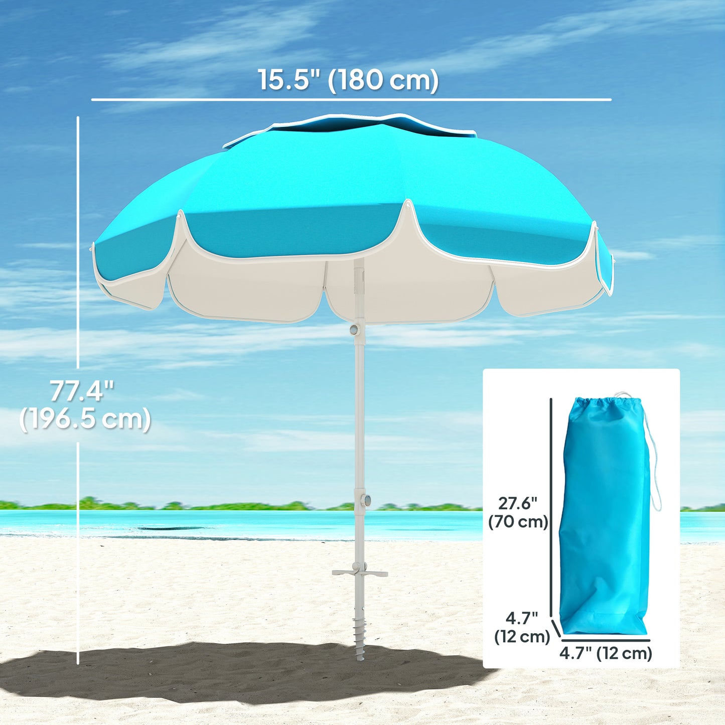 6 ft Beach Umbrella Portable with Sand Anchor, Carry Bag, Adjustable Height & Tilt, UPF50+ UV Protection, Blue