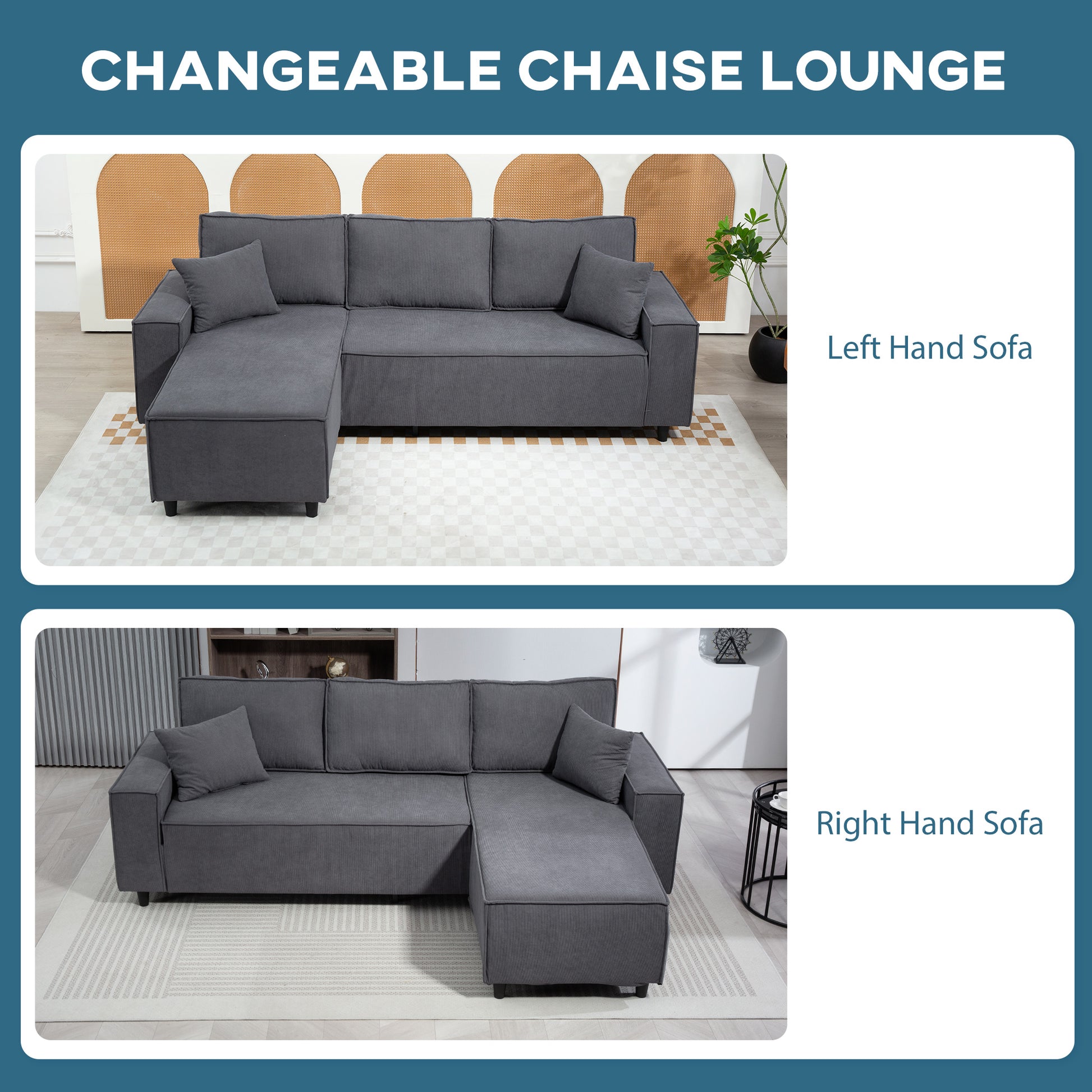 Corner Sofa with Changeable Chaise, Corduroy L-Shaped Sectional Sofa with Pocket Spring, 2 Pillows, Charcoal Grey