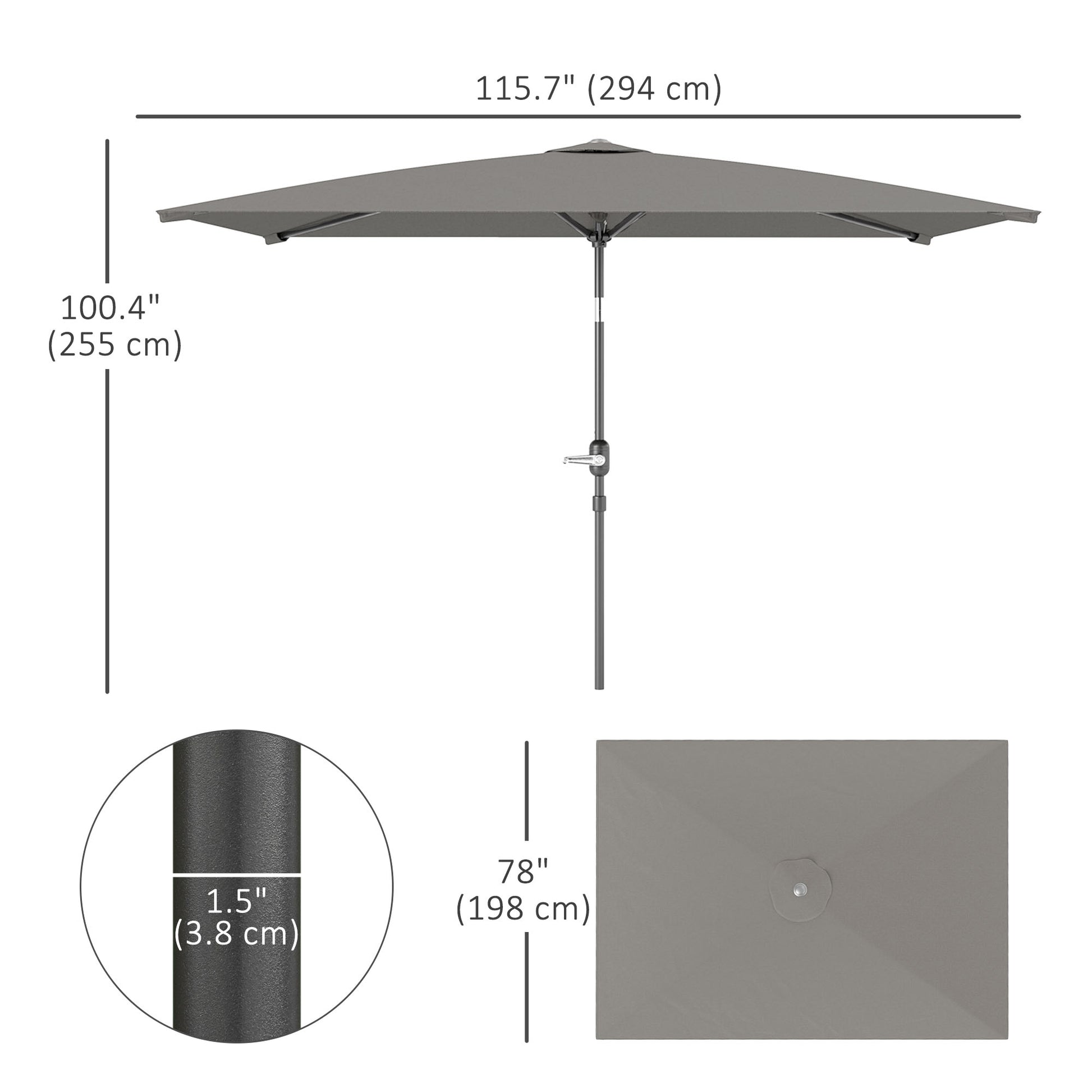 6.5x9.6ft Rectangle Aluminum Tilt Patio Umbrella, Garden Market Parasol, Outdoor Sunshade Canopy with Crank, Light Grey