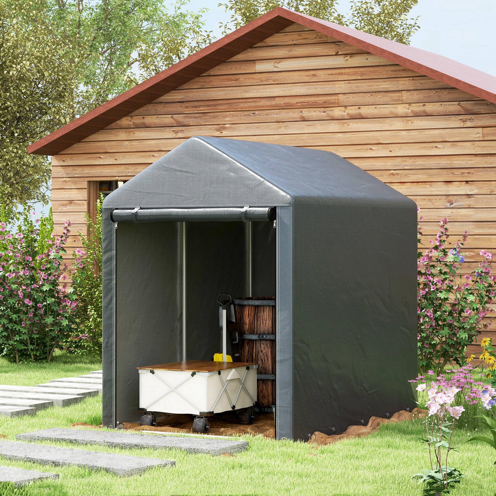 4 x 6ft Outdoor Storage Shed Tent, Portable Shed with Roll-up Door for Motorcycle, Bike, Garden Tools