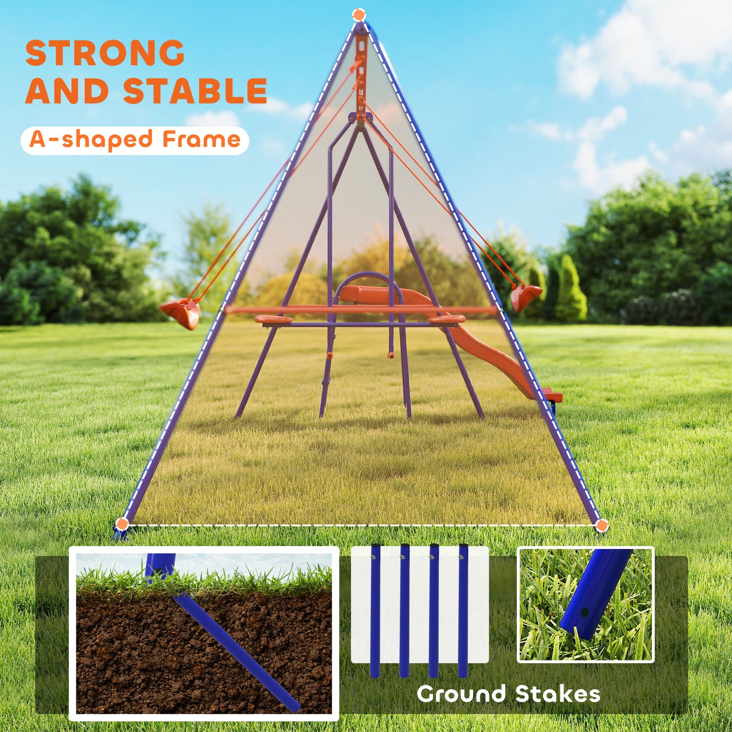 4 in 1 Metal Swing Set with Double Swings, Glider, Slide, Ladder for Backyard, Outdoor, Playground, Multicoloured
