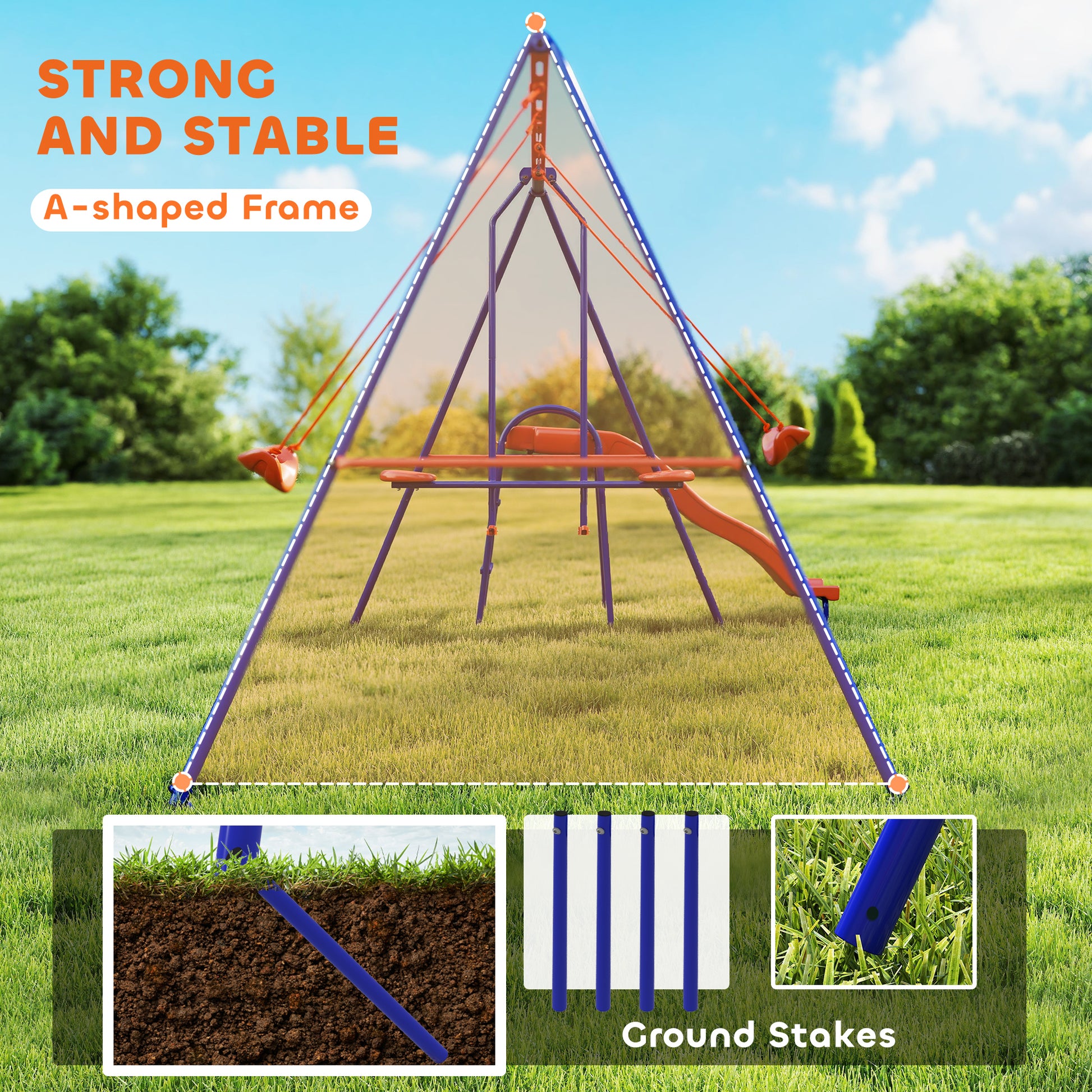 4 in 1 Metal Swing Set with Double Swings, Glider, Slide, Ladder for Backyard, Outdoor, Playground, Multicoloured