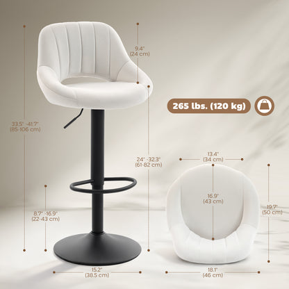Bar Stools Set of 2, Swivel Counter Height Barstools with Adjustable Height and Cutout Back, Velvet Upholstered Bar Chairs with Round Metal Base and Footrest, Cream