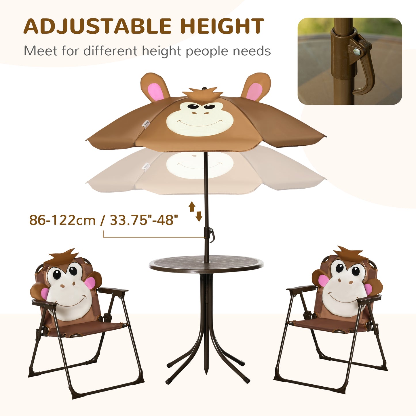 Kids Folding Picnic Table and Chair Set Pattern Outdoor Garden Patio Backyard with Removable & Height Adjustable Sun Umbrella Brown