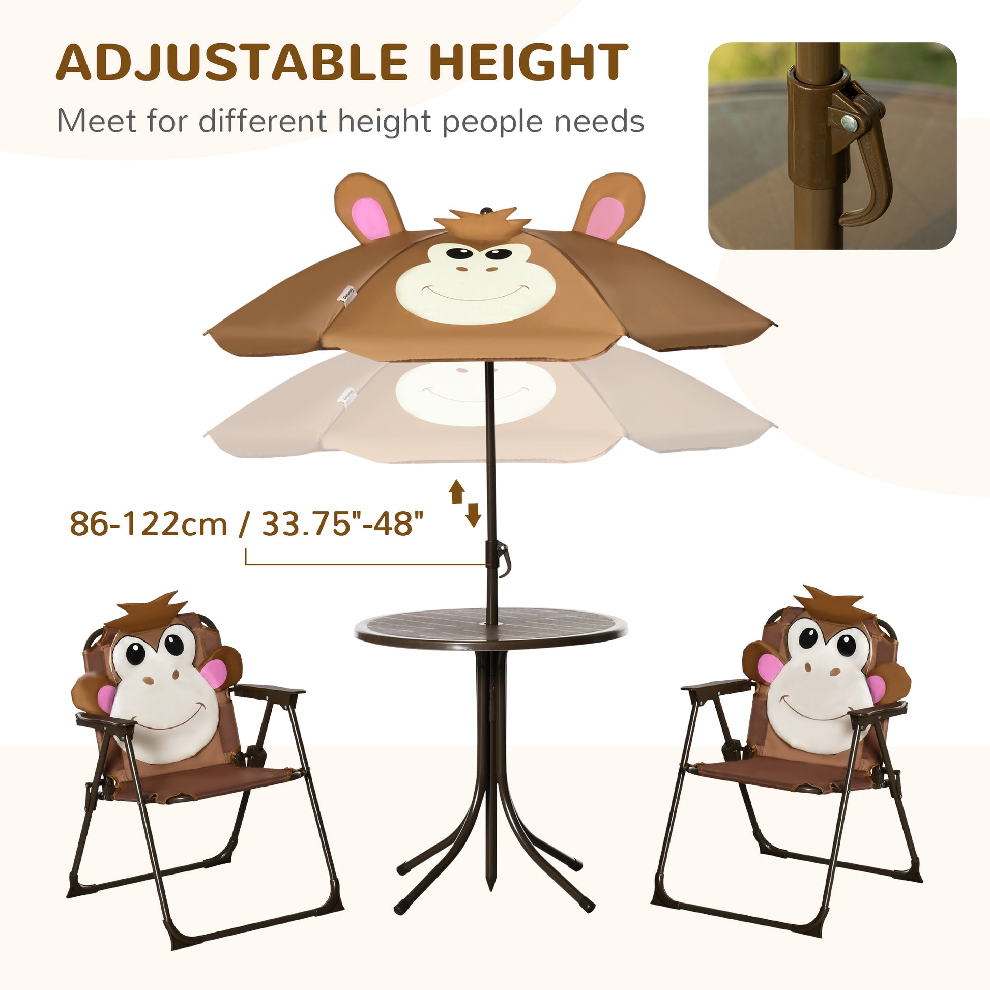 Kids Folding Picnic Table and Chair Set Pattern Outdoor Garden Patio Backyard with Removable & Height Adjustable Sun Umbrella Brown