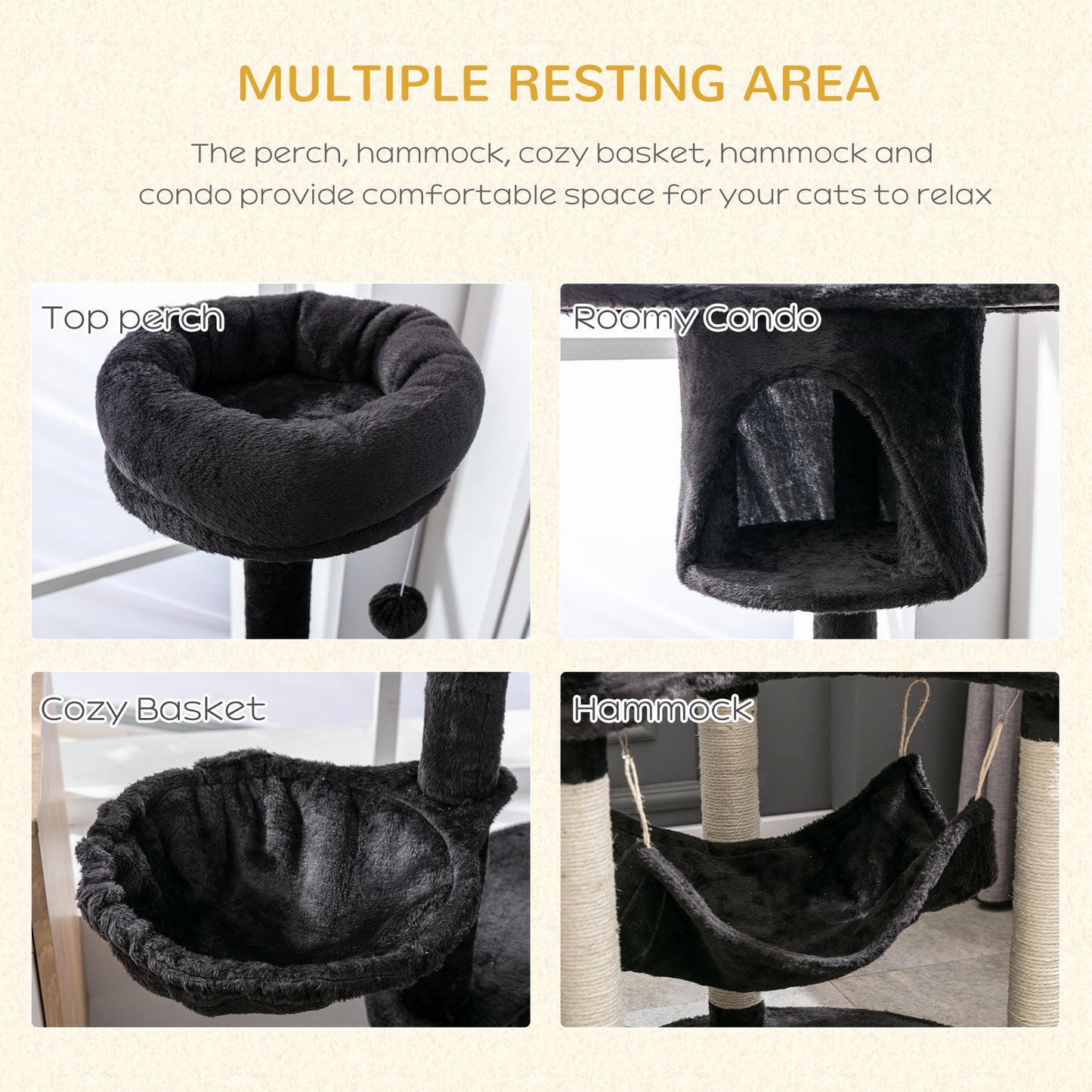 60" Multi-Level Plush Cat Tree, Tall Cat Tower with Scratching Posts and 2 Hammocks, Dark Grey