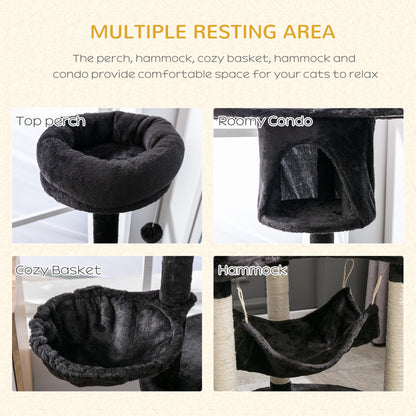 60" Multi-Level Plush Cat Tree, Tall Cat Tower with Scratching Posts and 2 Hammocks, Dark Grey