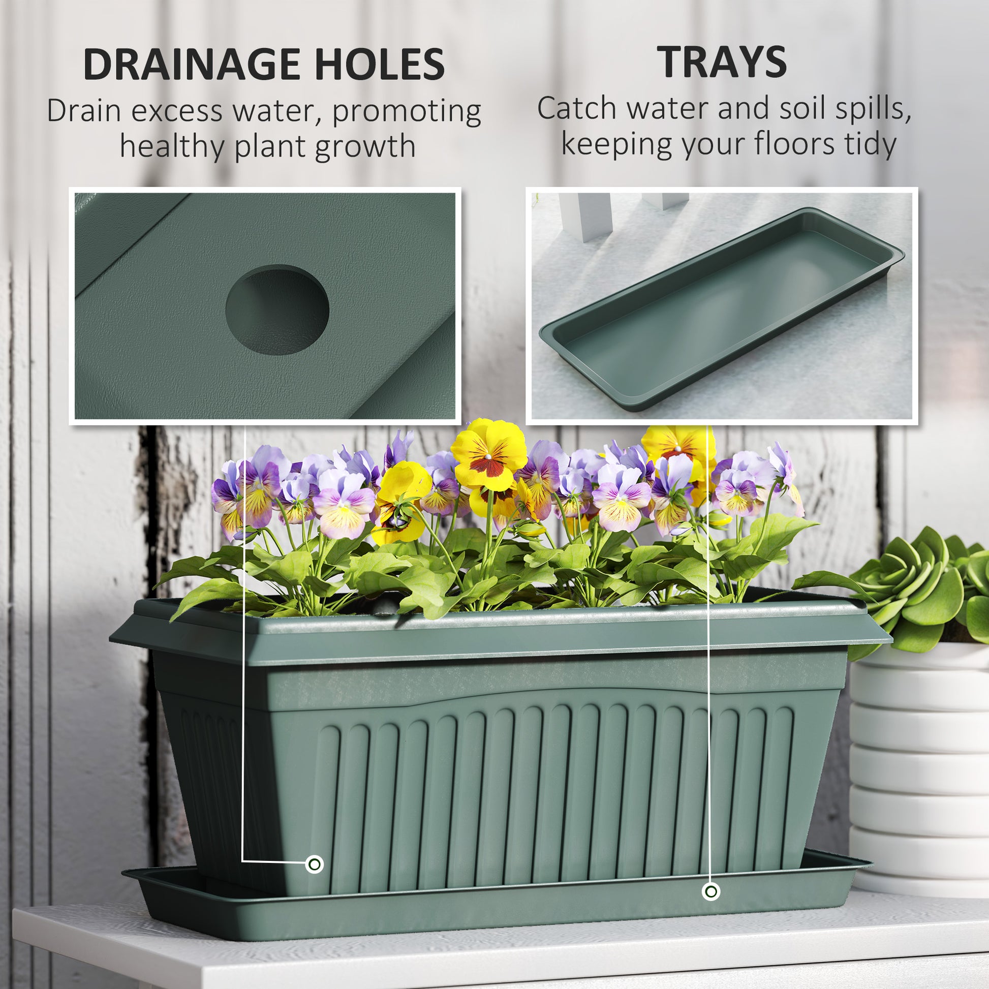 7 Pack 15.7" Plastic Flower Planters with Drainage Holes and Trays, Plant Pots for Indoor Outdoor Plants, Green