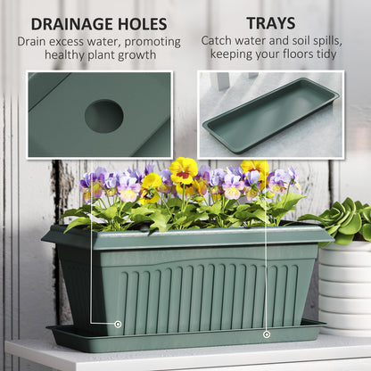 7 Pack 15.7" Plastic Flower Planters with Drainage Holes and Trays, Plant Pots for Indoor Outdoor Plants, Green