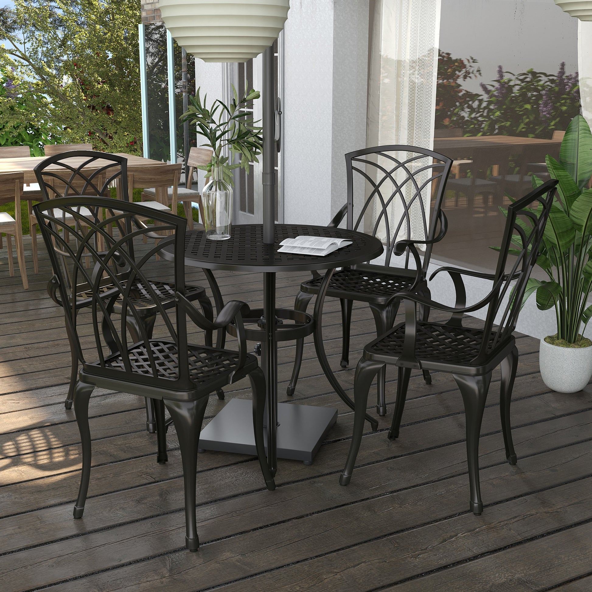 5 Pieces Outdoor Dining Set, Cast Aluminium Patio Table and Chairs with Parasol Hole, Patio Dining Set for 4, Brown