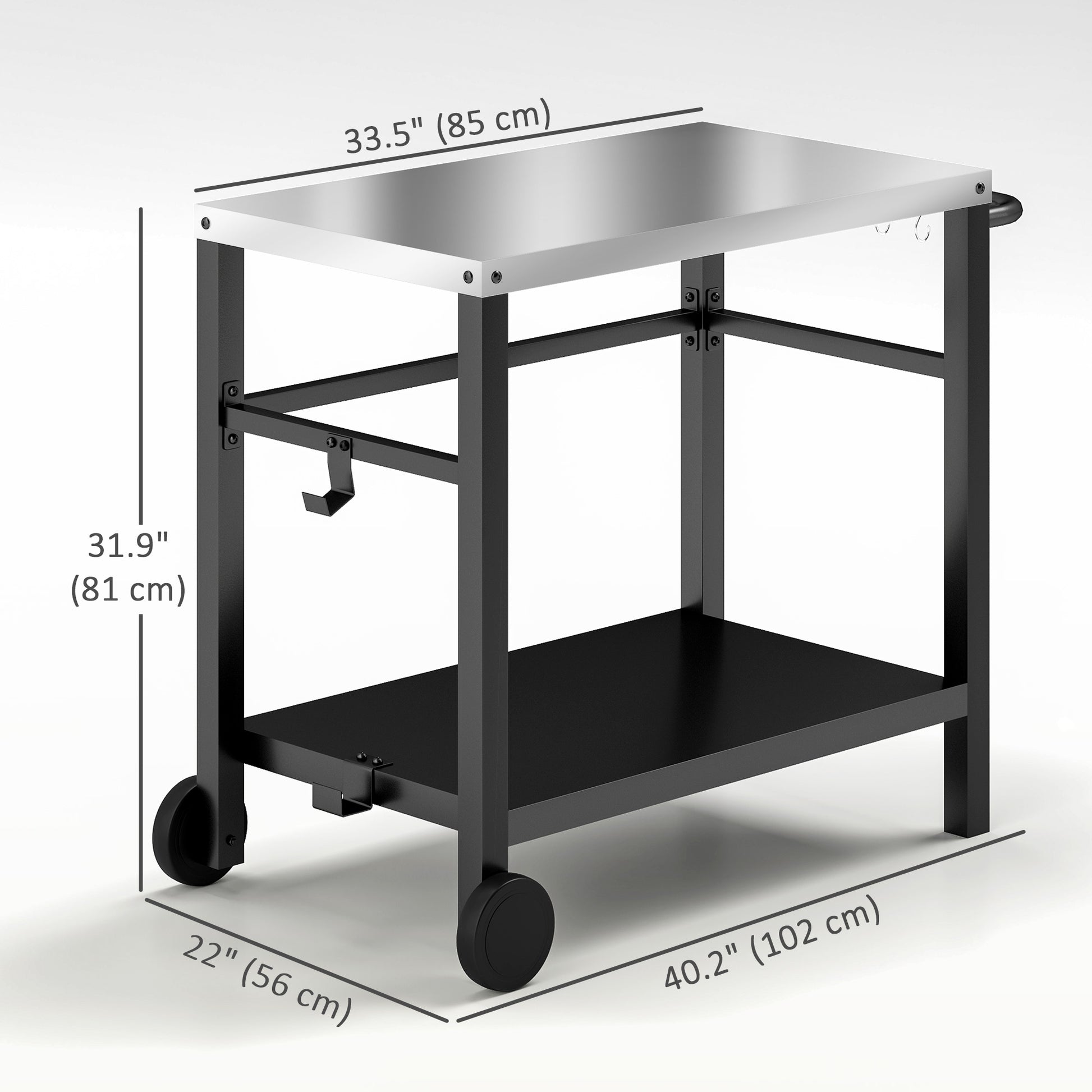 Outdoor Grill Dining Cart with Stainless Steel Tabletop, 2-Shelf BBQ Movable Pizza Oven Stand with Wheels, Charcoal Grey