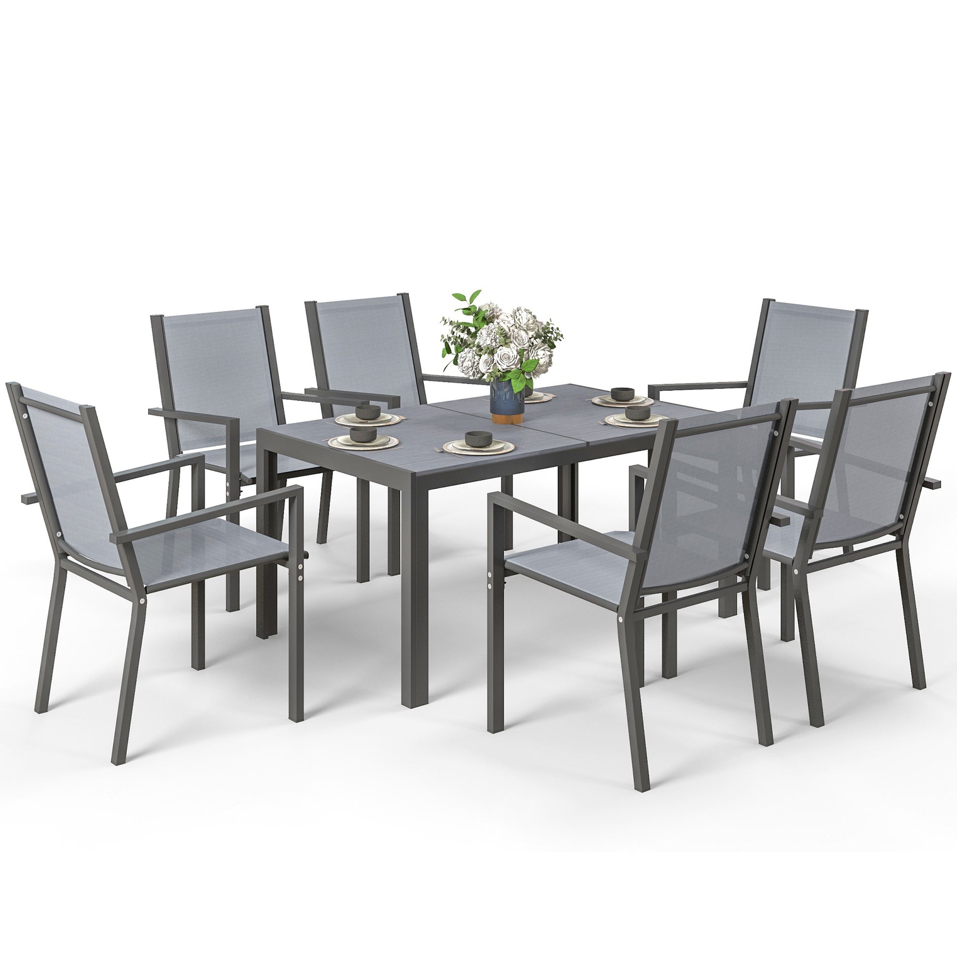 7 Piece Outdoor Dining Set with Rectangular Table and 6 Stackable Chairs, for Backyard, Lawn, Deck, Balcony, Pool Side