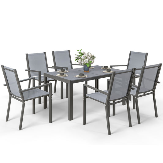 7 Piece Outdoor Dining Set with Rectangular Table and 6 Stackable Chairs, for Backyard, Lawn, Deck, Balcony, Pool Side