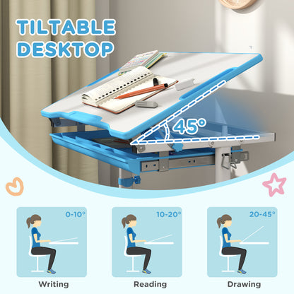 Qaba Height Adjustable Study Table and Chair Set with Drawer, Pen Slot, Tiltable Desktop, Hook, Blue