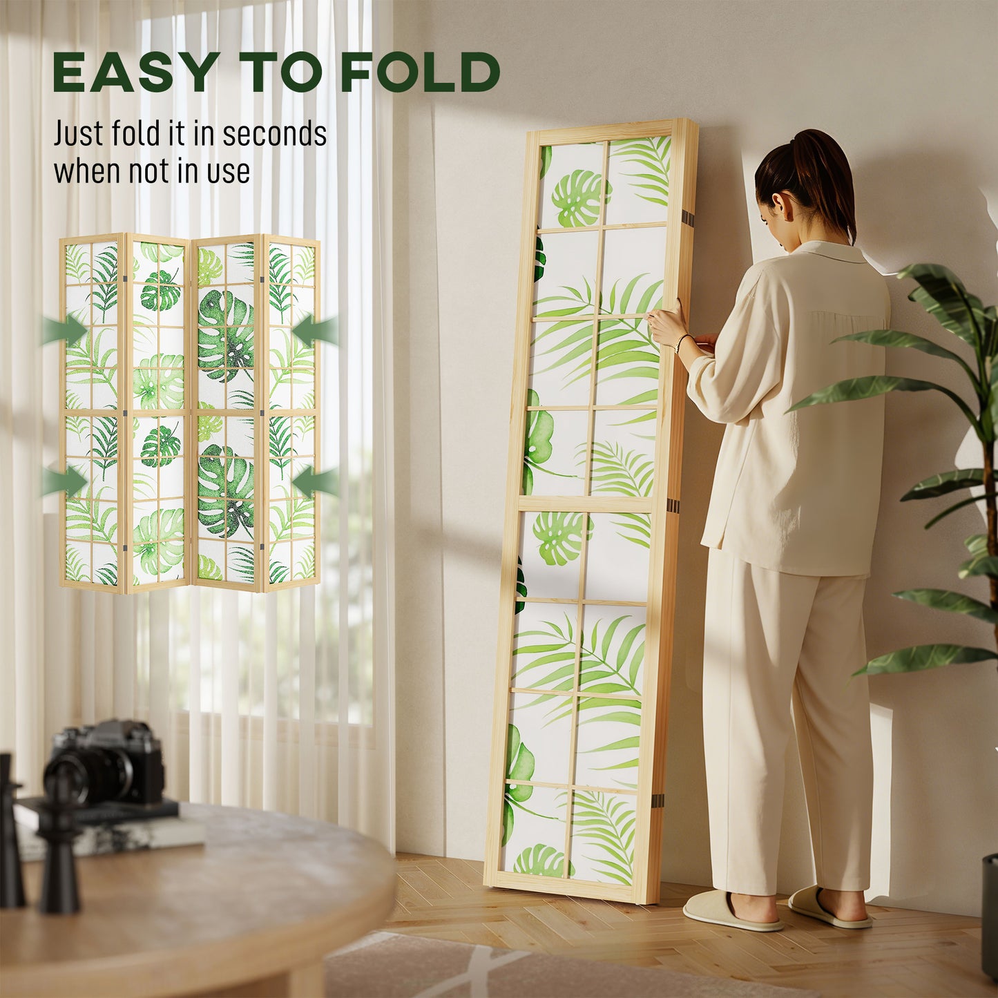 4 Panel Folding Privacy Screen, 67" Room Divider with Palm Leaf Design for Living Room Bedroom, Natural and Green