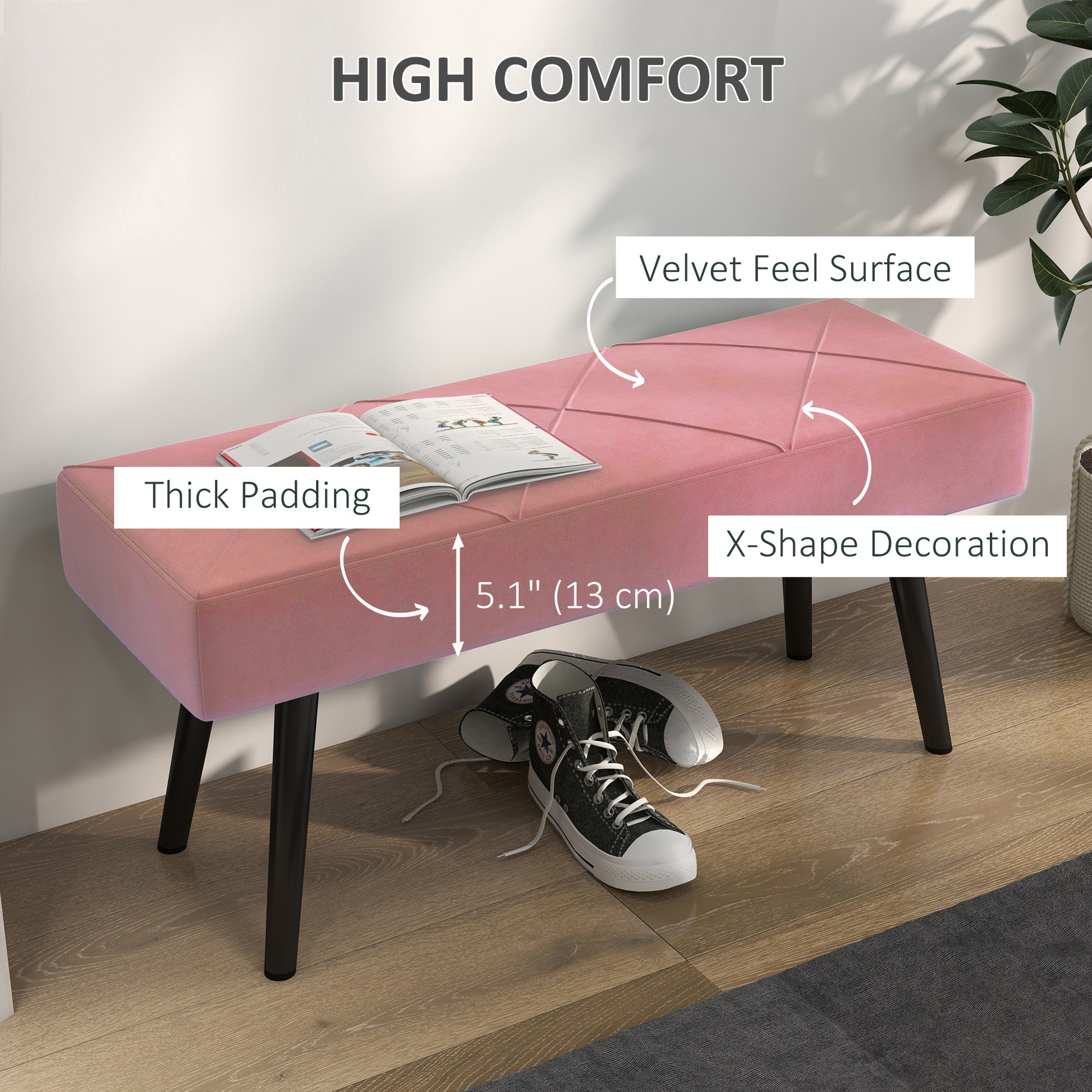 39 Inches Upholstered Bedroom Bench, Modern End of Bed Bench with Steel Legs, Pink