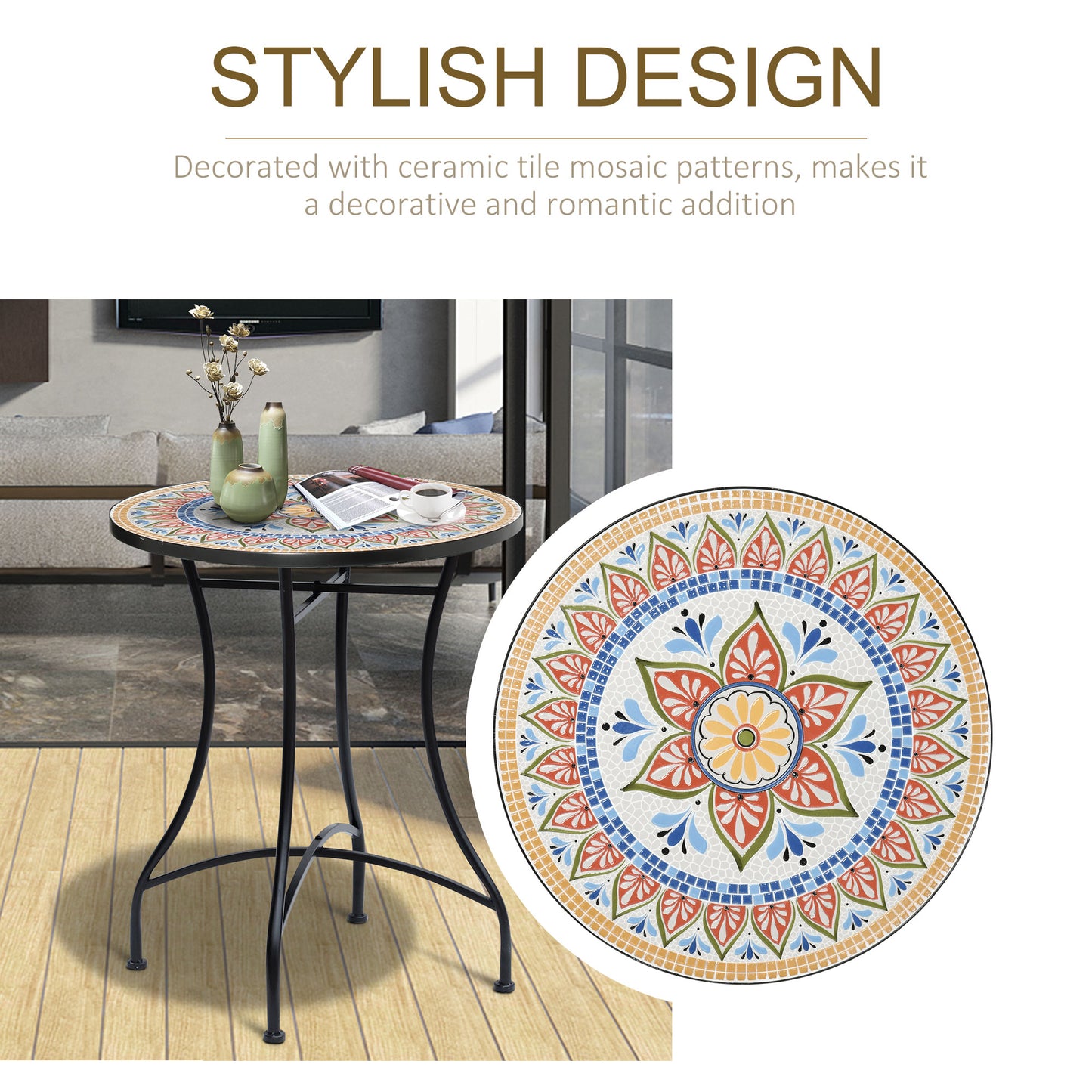 Mosaic Patio Table, Round Coffee Table with Metal Frame, Garden Furniture for Outdoor, Poolside, Red