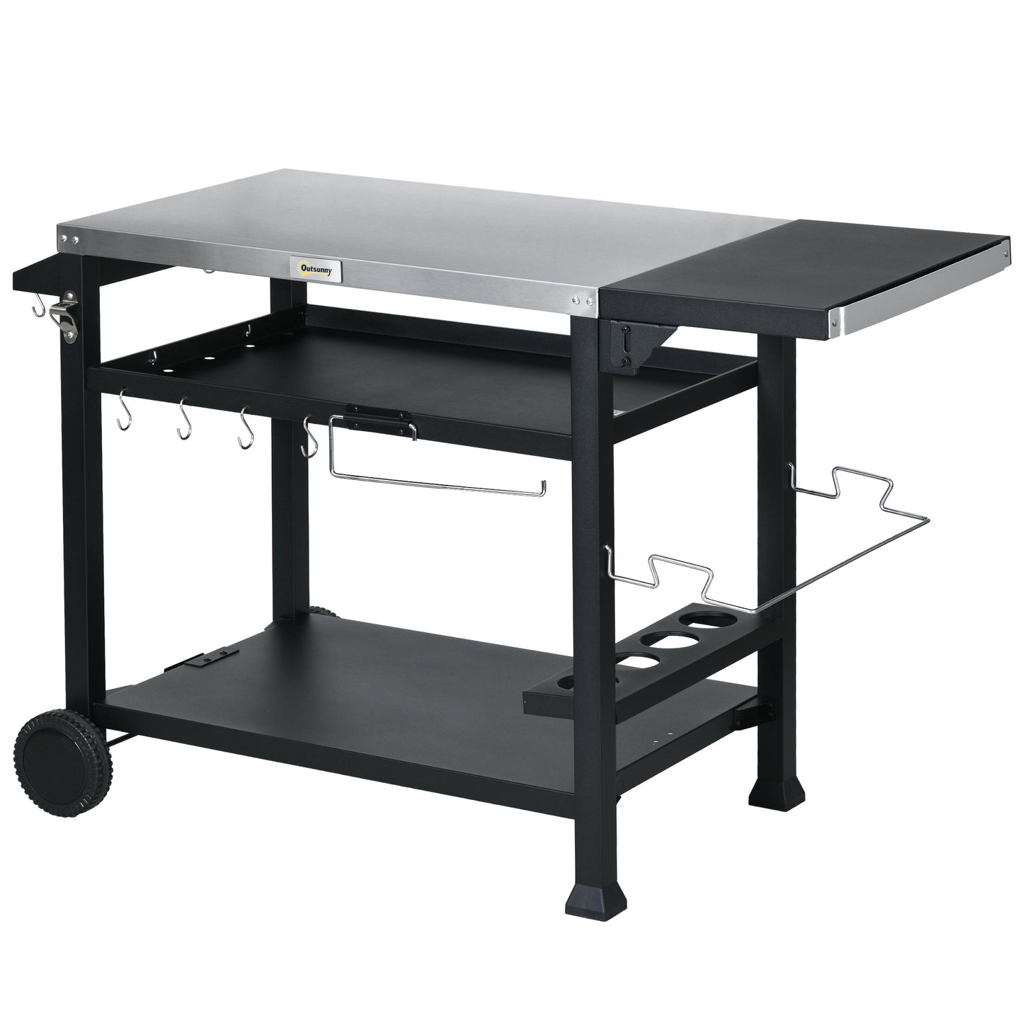 3-Shelf Outdoor Grill Cart Table with Foldable Side Table and Stainless Steel Table Top, Pizza Oven Stand on Wheels