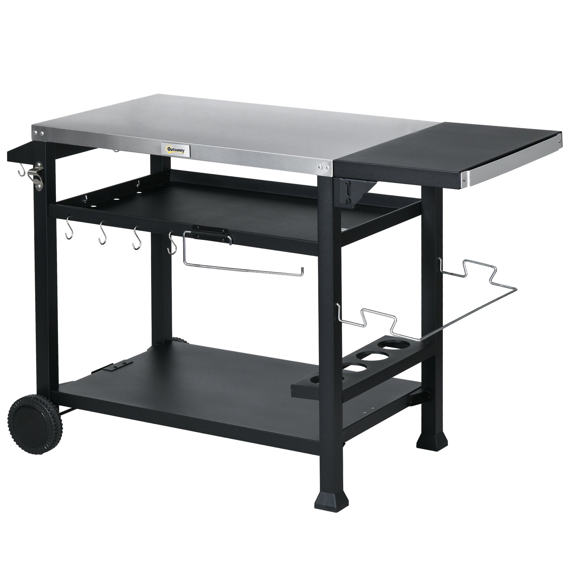 3-Shelf Outdoor Grill Cart Table with Foldable Side Table and Stainless Steel Table Top, Pizza Oven Stand on Wheels