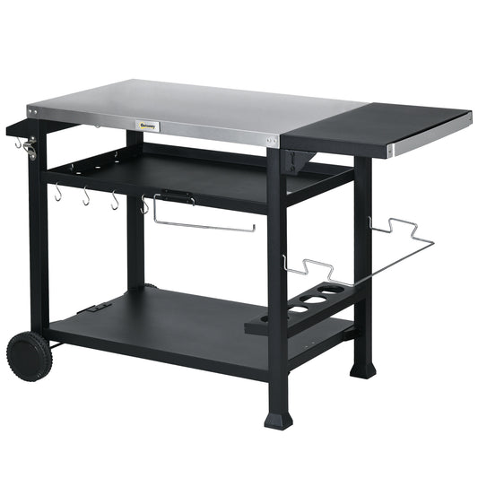 3-Shelf Outdoor Grill Cart Table with Foldable Side Table and Stainless Steel Table Top, Pizza Oven Stand on Wheels