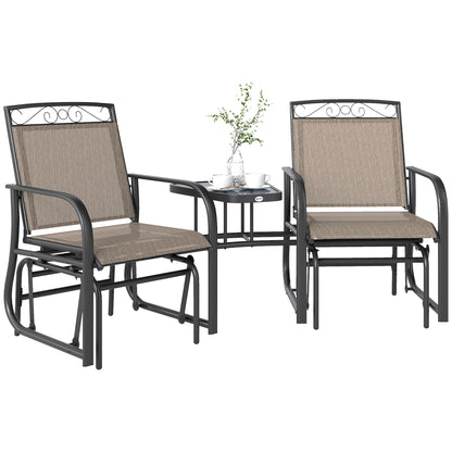 Outdoor Glider Bench with Coffee Table, Patio 2-Seat Rocking Chair Swing Loveseat with Breathable Sling for Backyard Garden Porch, Brown