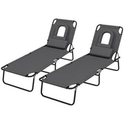 Folding Lounge Chair Set of 2, Reclining Beach Tanning Chair with Face Hole, Pillow, 4-Position Adjustable Flat Sun Lounger, Steel Frame for Outdoor Patio Pool, Grey