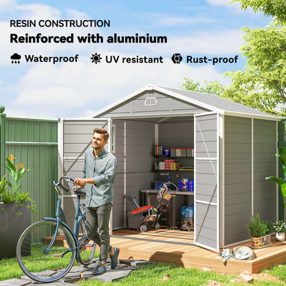 8' x 6' Plastic Garden Storage Shed with Latch Door, Vents, Sloped Roof, Light Grey