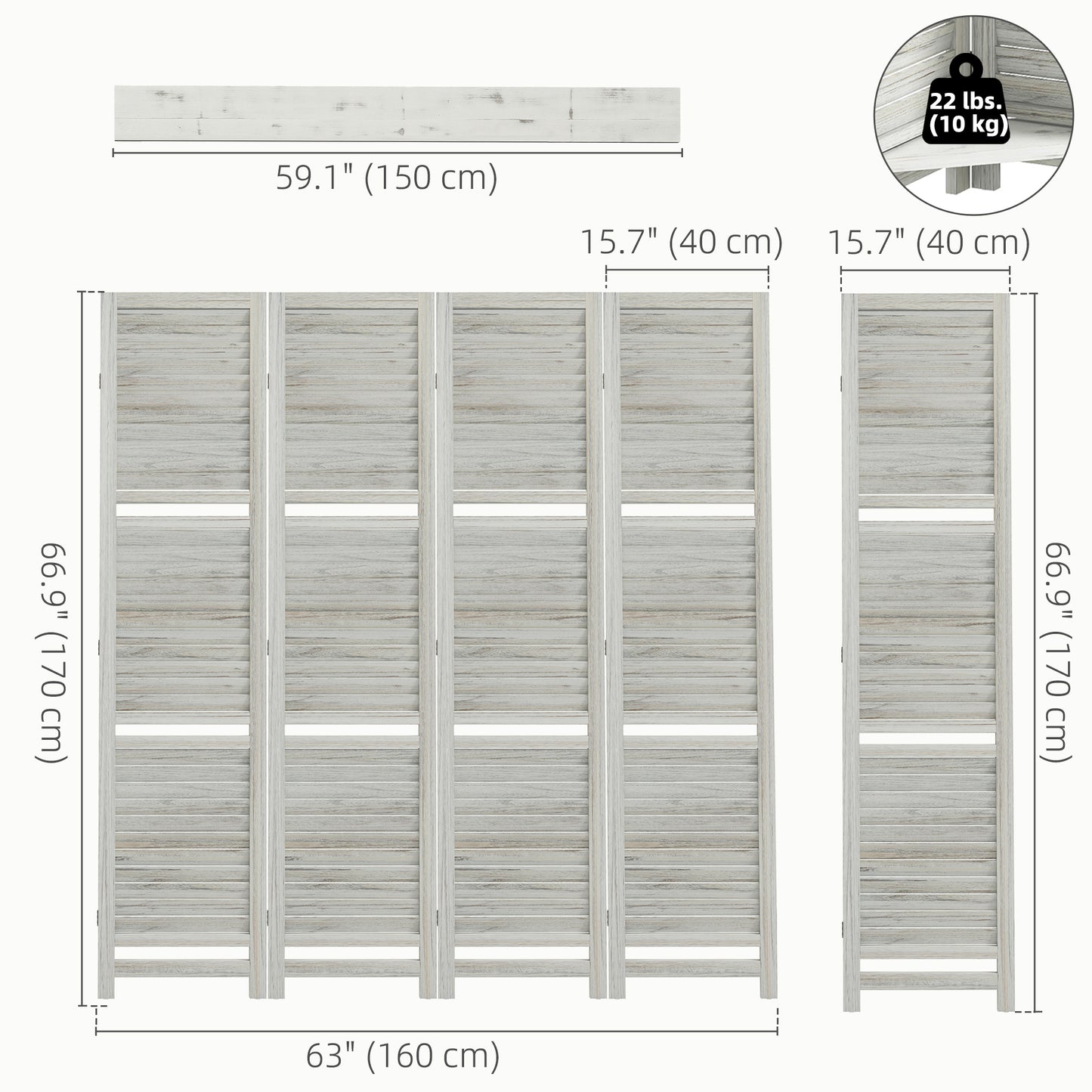 4-Panel Wall Partition Room Separator with 3 Storage Shelves Foldable Design Wooden Frame 5.6FT Distressed White
