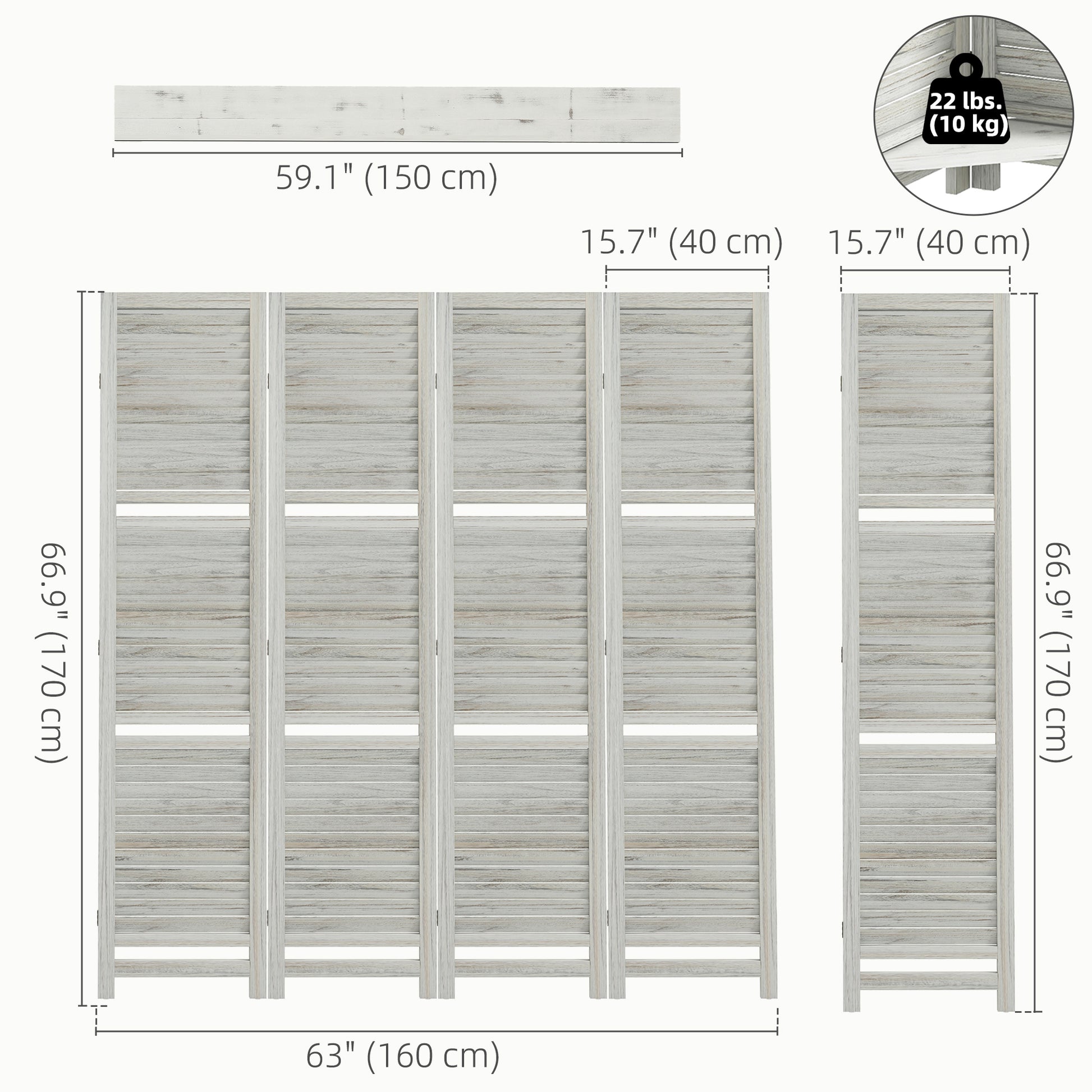 4-Panel Wall Partition Room Separator with 3 Storage Shelves Foldable Design Wooden Frame 5.6FT Distressed White