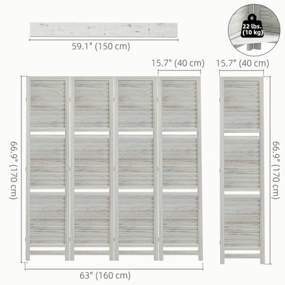 4-Panel Wall Partition Room Separator with 3 Storage Shelves Foldable Design Wooden Frame 5.6FT Distressed White