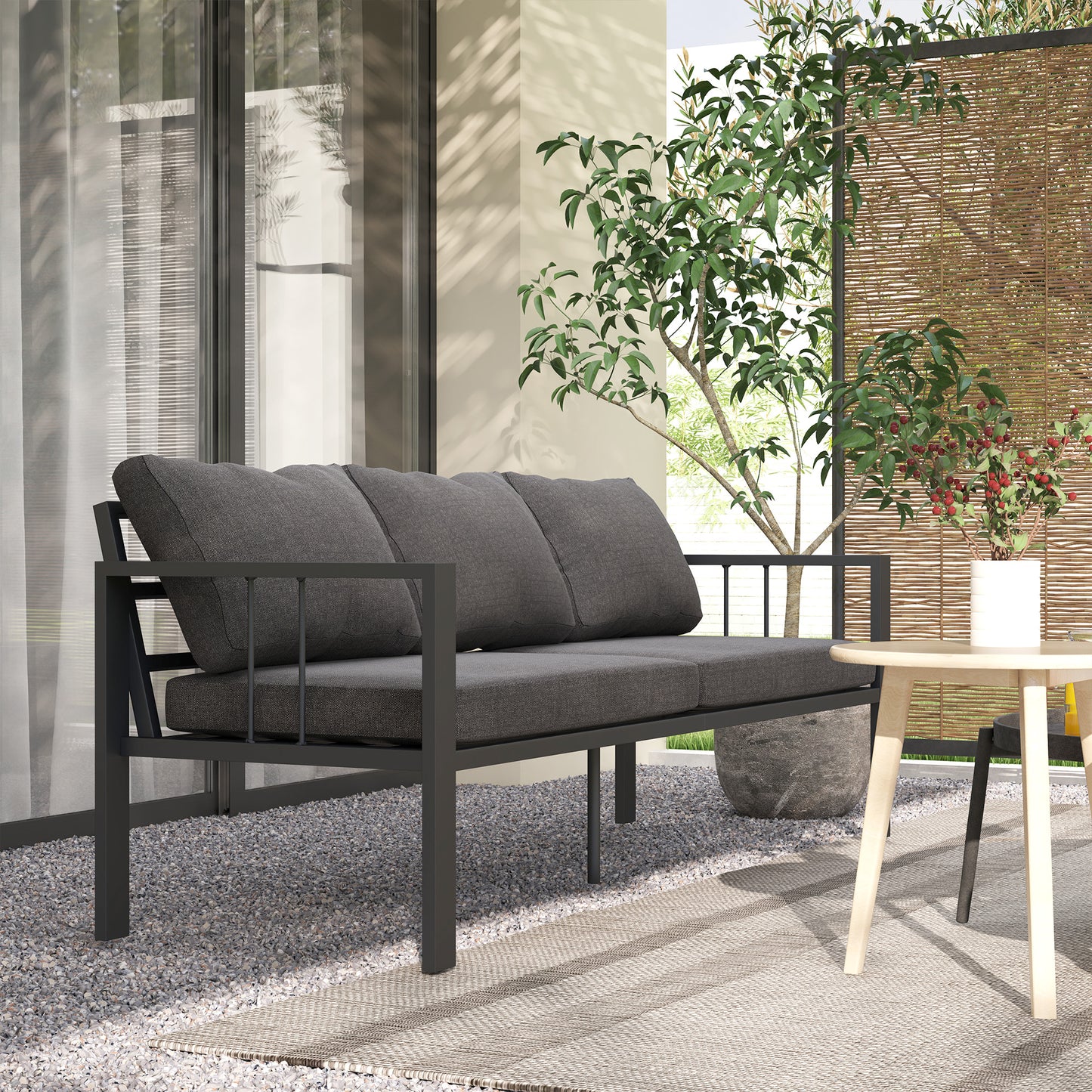 3-Seat Aluminum Outdoor Couch Patio Sofa with Cushions, Wide Seat, Armrests for Garden, Backyard, Balcony, Dark Grey