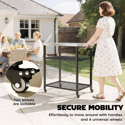 Outdoor Grill Cart with Stainless Steel Top, Two-Shelf Pizza Oven Stand, Food Prep Table on Wheels, Black