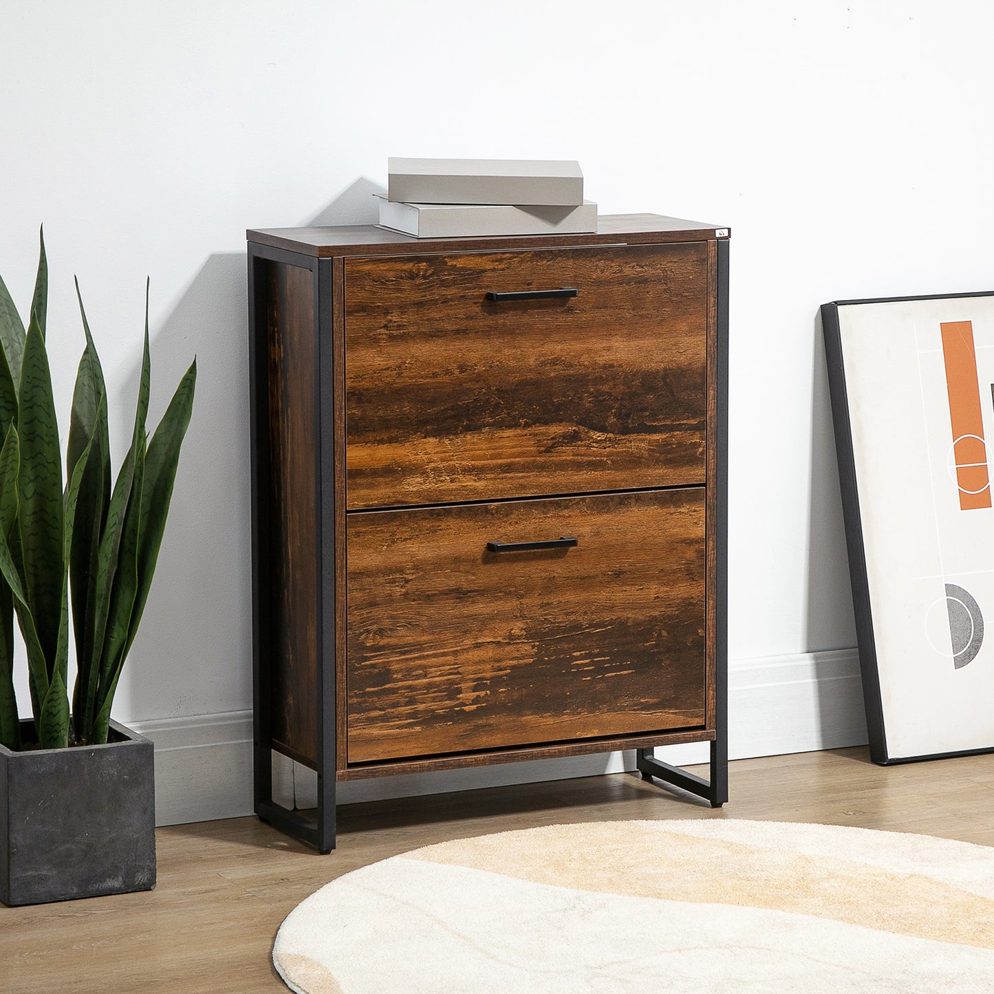 Shoe Cabinet with 2 Flip Doors, Slim 2-Drawer Shoe Cupboard with Divider and Open Compartment for 12 Pairs of Shoes, Entryway Storage Unit, Rustic Brown