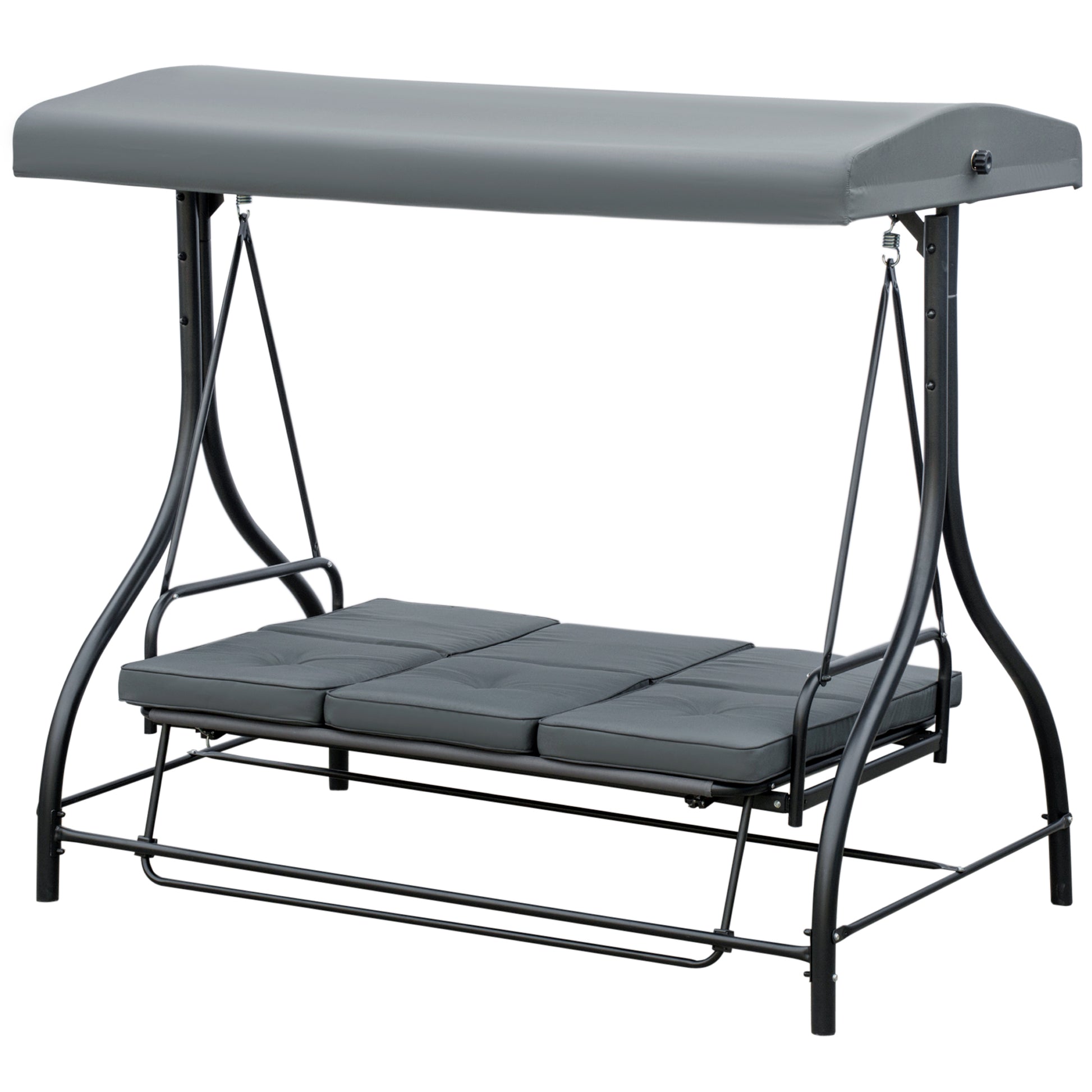 Convertible Patio Swing Bed with Canopy and Cushions, 3 Seater Porch Swing for Outdoor, Backyard, Garden, Dark Grey