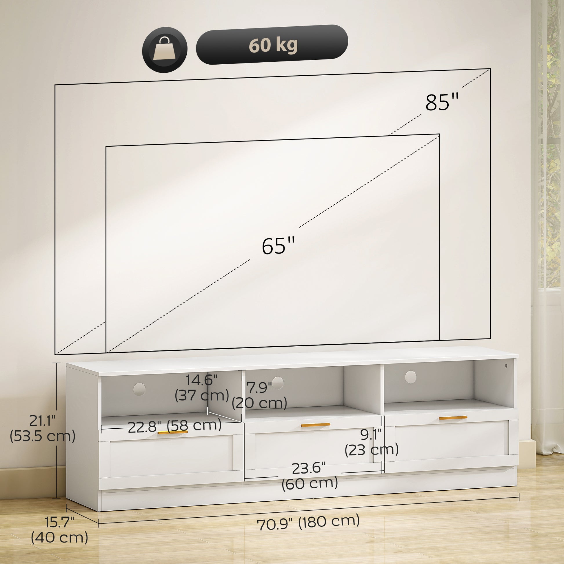 TV Stand with Storage, Modern Entertainment Center with 3 Cabinets and 3 Open Shelves, for TVs up to 85", White
