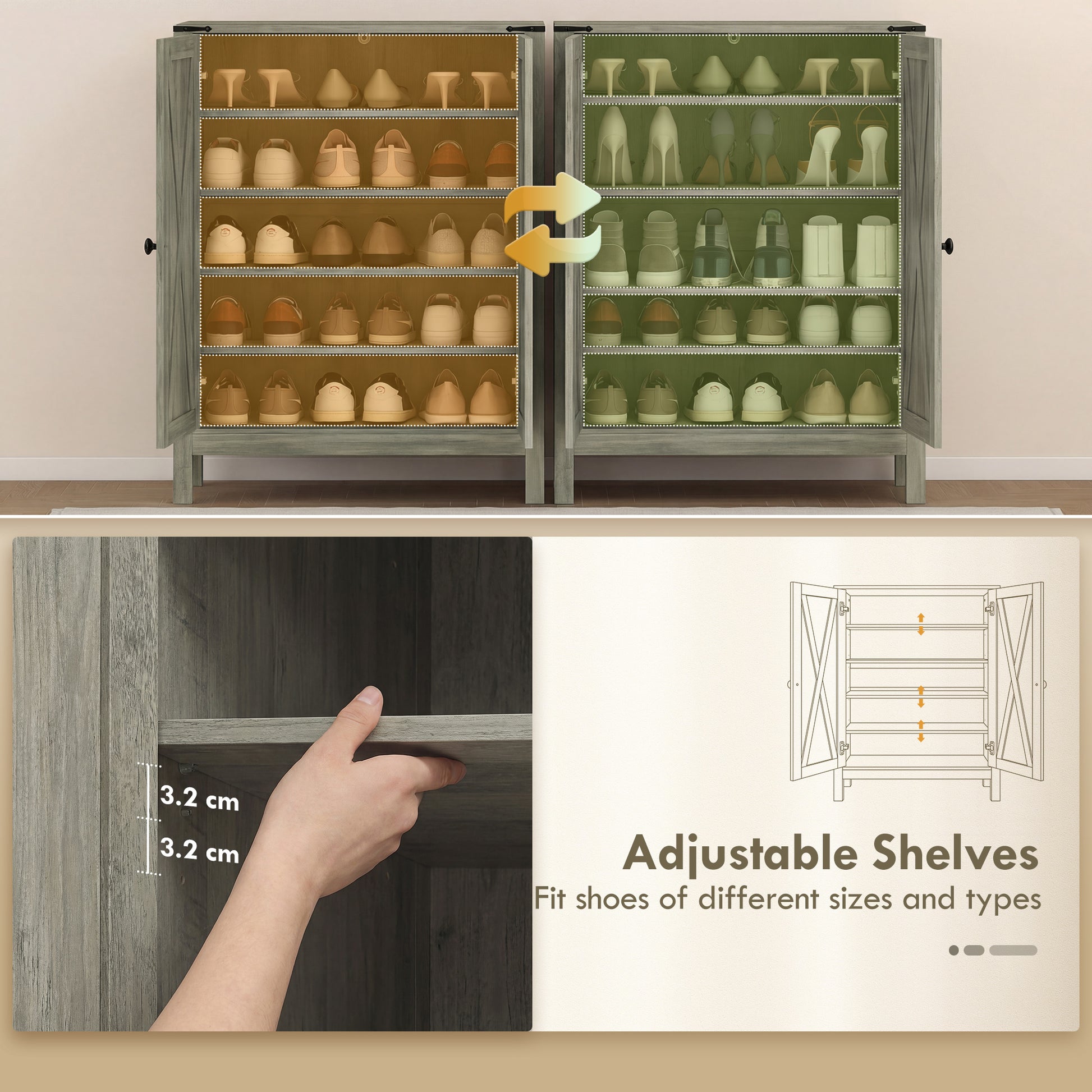 Shoe Cabinet with Barn Doors, Farmhouse Shoe Storage Cabinet with Adjustable Shelves, Holds up to 15 Pairs, Grey